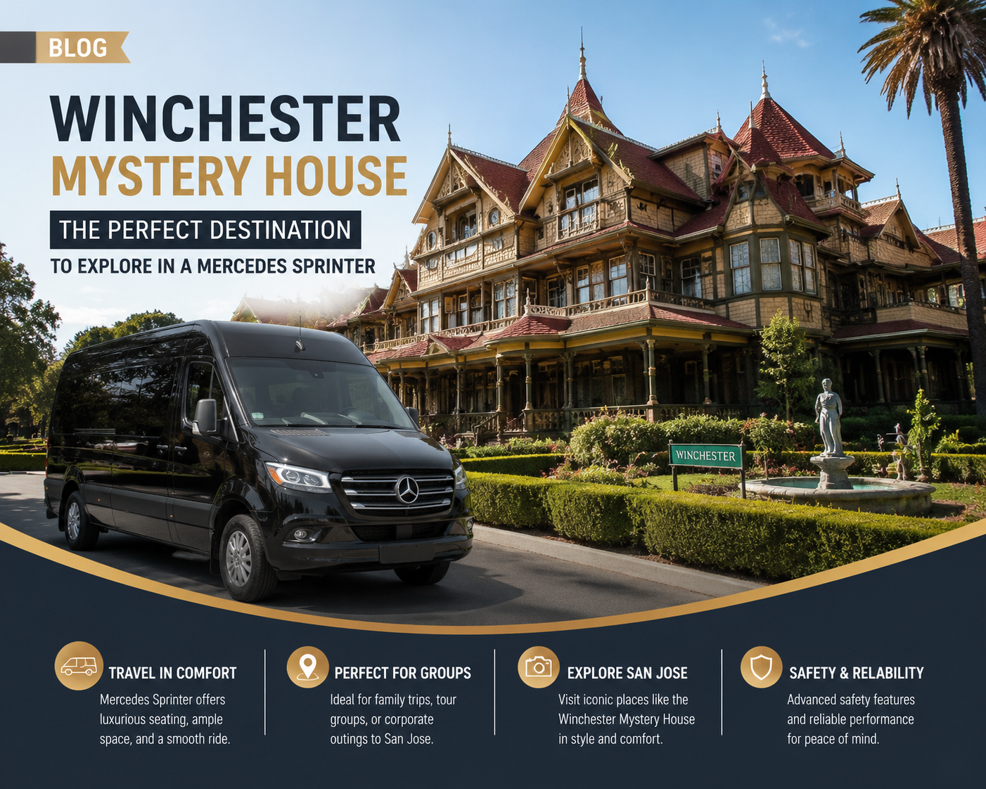 Explore the Winchester Mystery House in San Jose with a Mercedes Sprinter Van